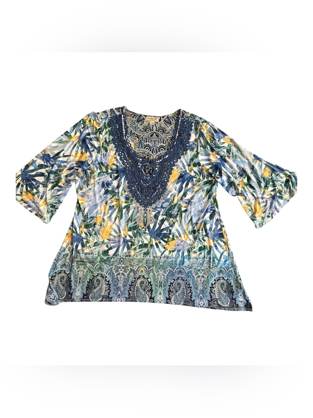 Women's Tropical Print V-Neck Tunic with Crochet & Embellished Detail. Size 2X